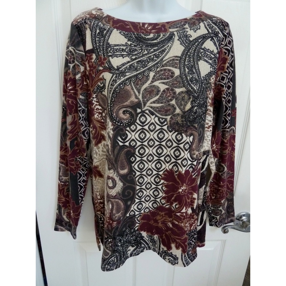 CHICO'S Sz 2=Large Patchwork Floral Boatneck Long Sleeve Pima Cotton Top Paisley